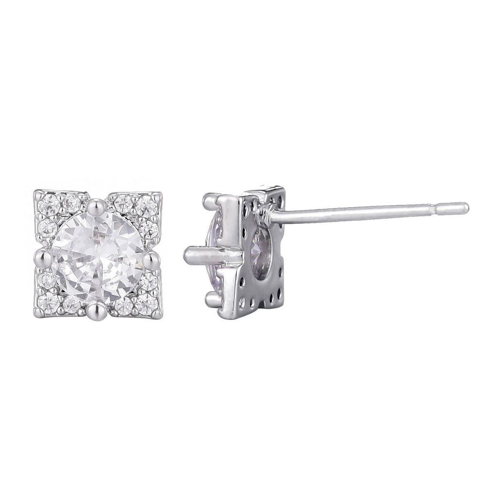 Silver Plated Flower-Shaped CZ Halo Stud Earrings