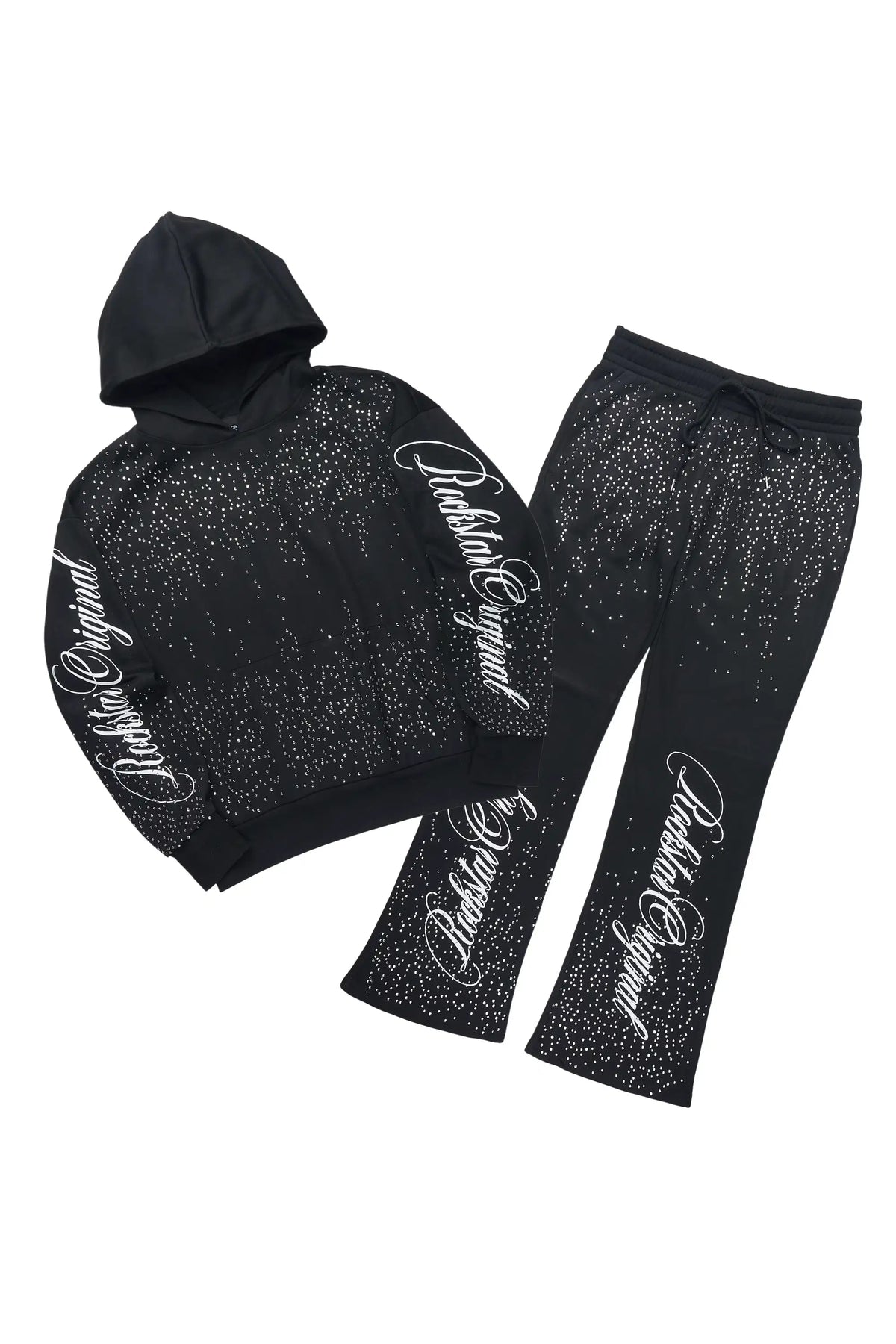Strayce Black/White Rhinestone Hoodie Relaxed Track Set
