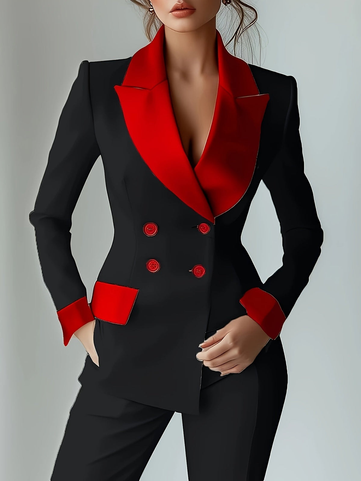 Contrast Color Double Breasted Blazer for Women Formal Lapel Suit Jacket Elegant Office Workwear