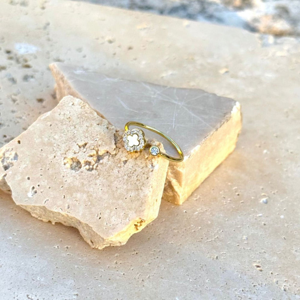 14k Gold Plated CZ Open Band Clover Ring
