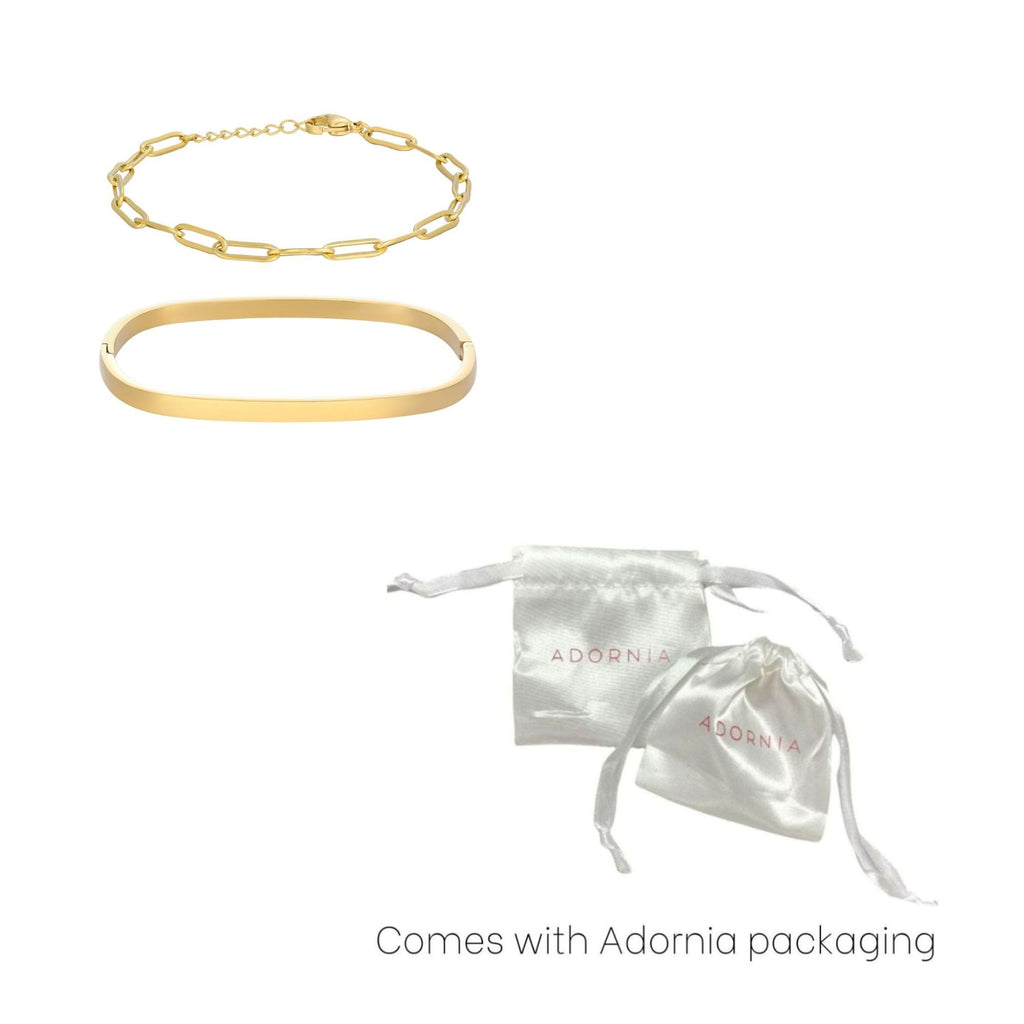 Tarnish Resistant 18k Gold Plated Rectangular Cuff and Paper Clip Chain Bracelet Set