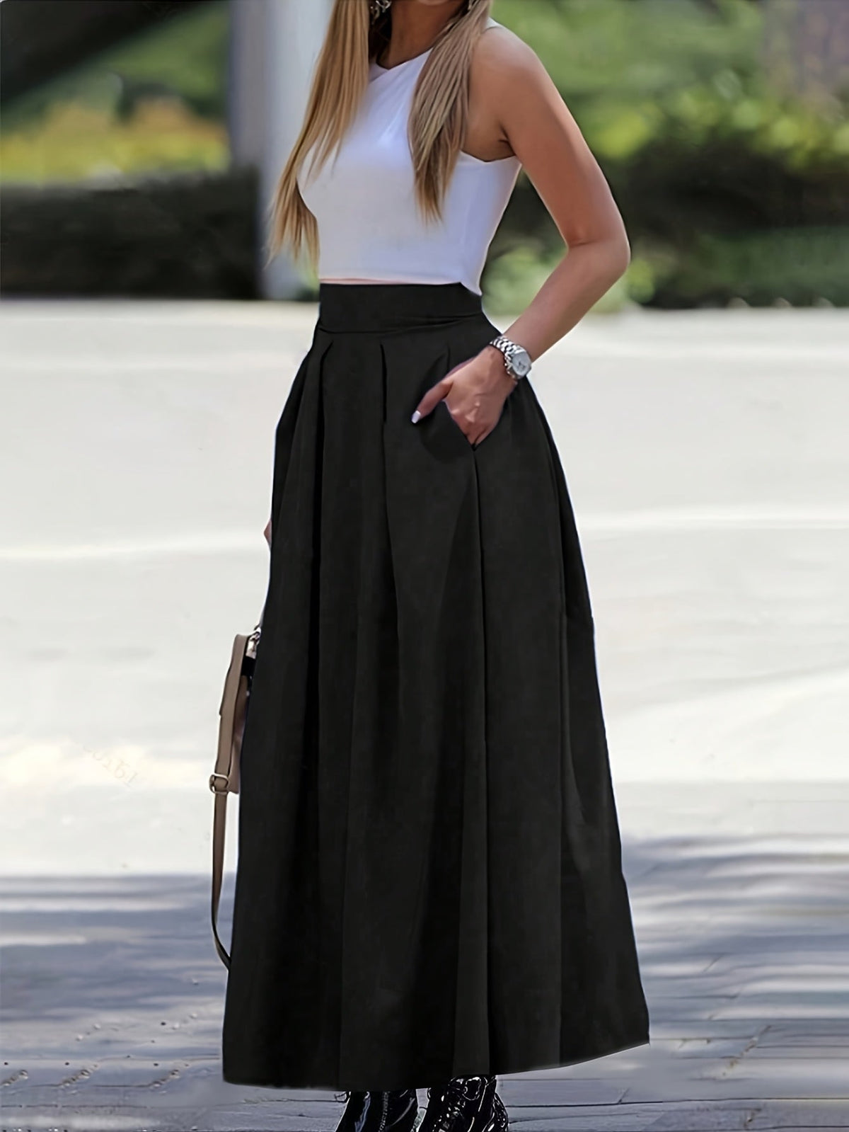 Women's High-Waisted A-Line Maxi Skirt, Solid Color Flowy Elegant Long Skirt, 97% Polyester Stretch Casual All-Season Skirt, XS-XXL