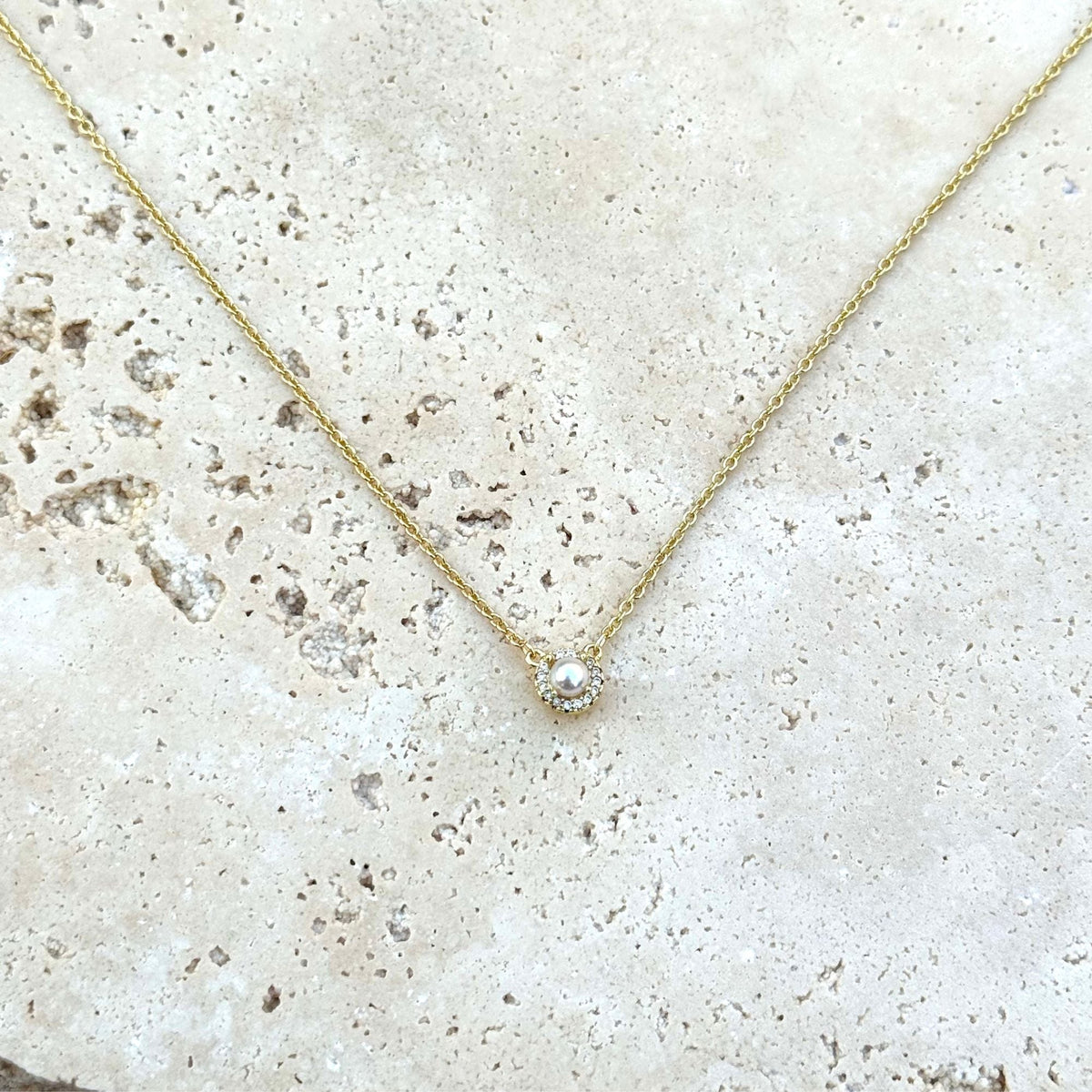 14k Gold Plated Freshwater Pearl CZ Halo Necklace
