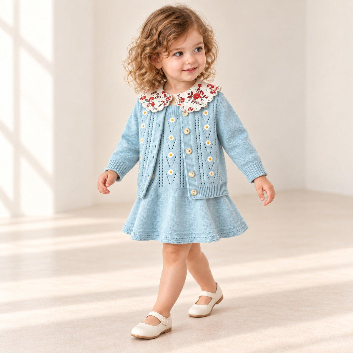 2-Piece Daisy Girl Knit Dress & Cardigan Set