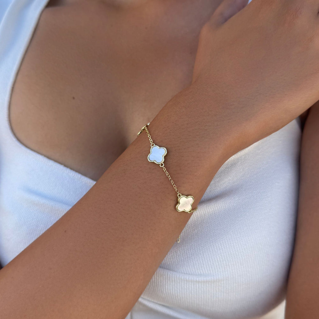 14k Yellow Gold Plated White Mother of Pearl Clover Station Bracelet