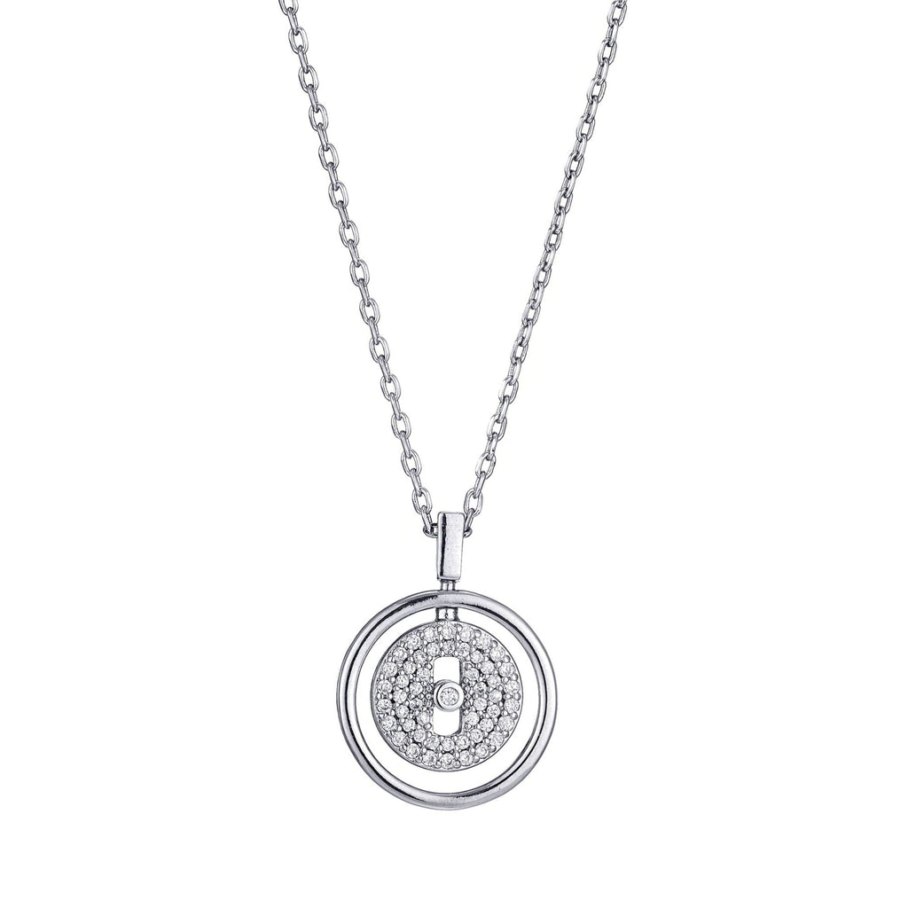 Silver Plated CZ Dancing Stone Disc Pendant Necklace