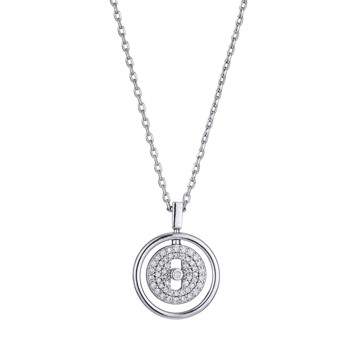 Silver Plated CZ Dancing Stone Disc Pendant Necklace