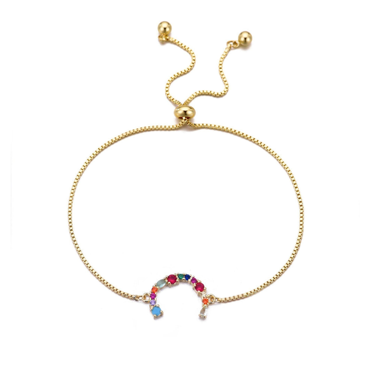 14k Gold Plated Multi Color Stone Initial Bolo Bracelet