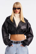 Janet Cropped Faux Leather Moto Jacket - Black