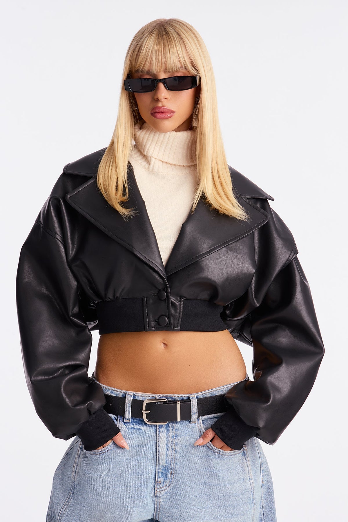 Janet Cropped Faux Leather Moto Jacket - Black