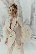 Miranda Feathered Blazer Pant Set - Beige