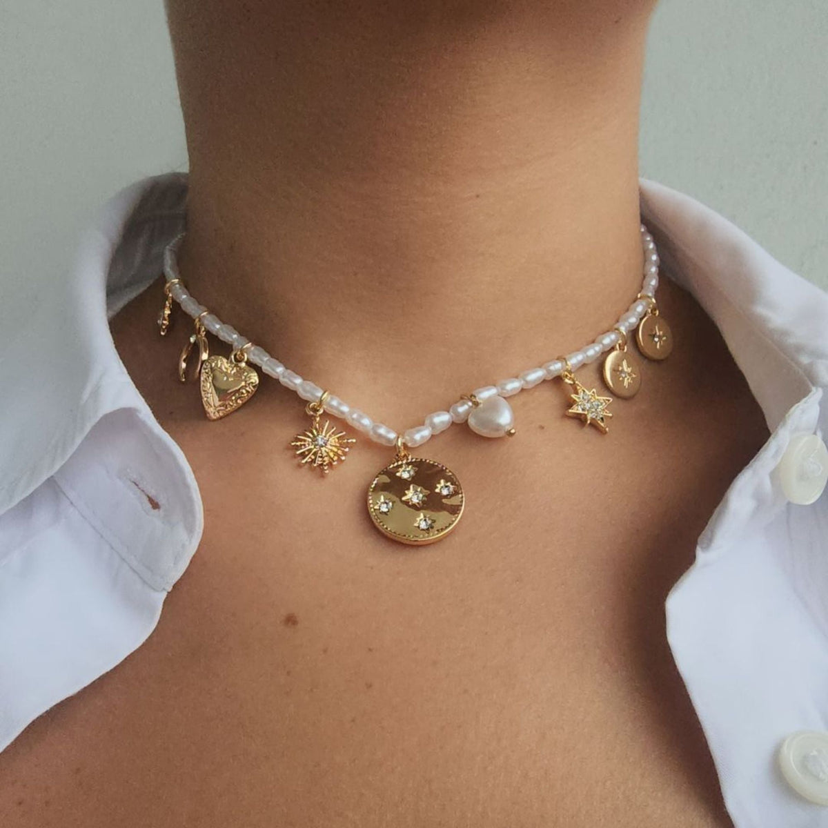 14k Gold Plated Vintage Charm Pearl Strand Necklace