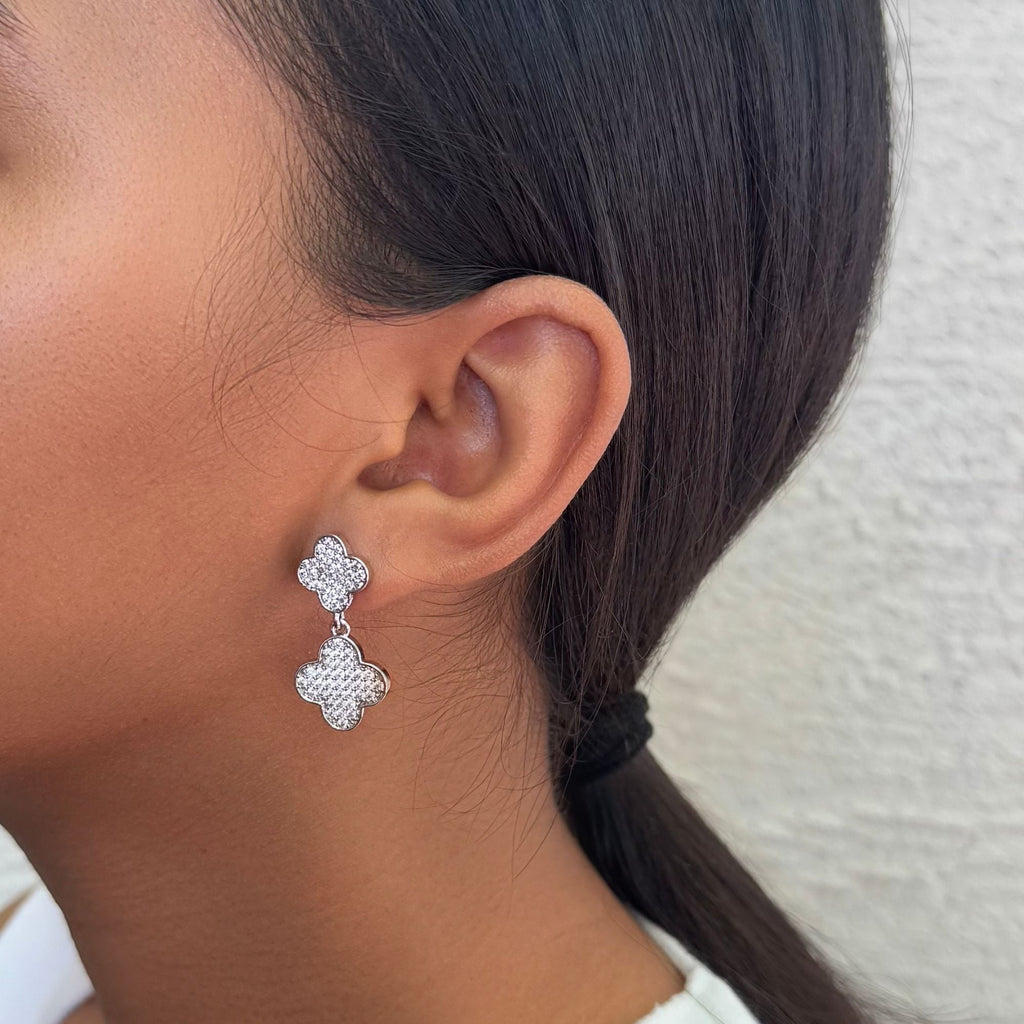 Silver Plated CZ Clover Drop Earrings