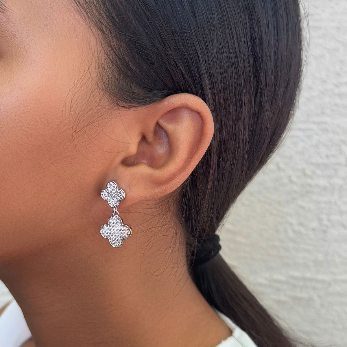Silver Plated CZ Clover Drop Earrings