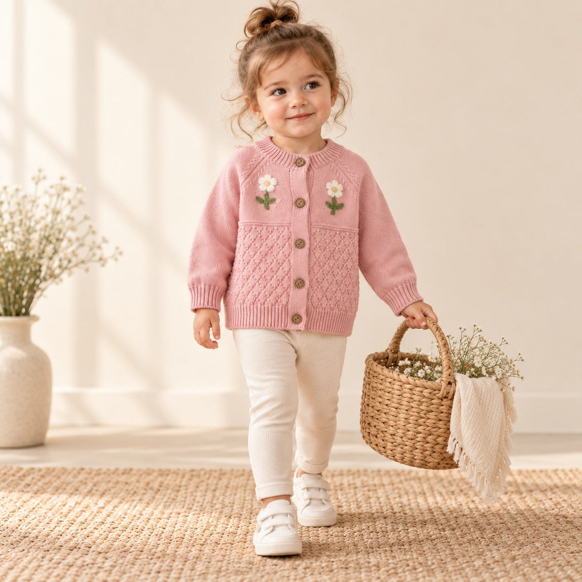 Baby Girls Flower Embroidered Knit Cotton Cardigan