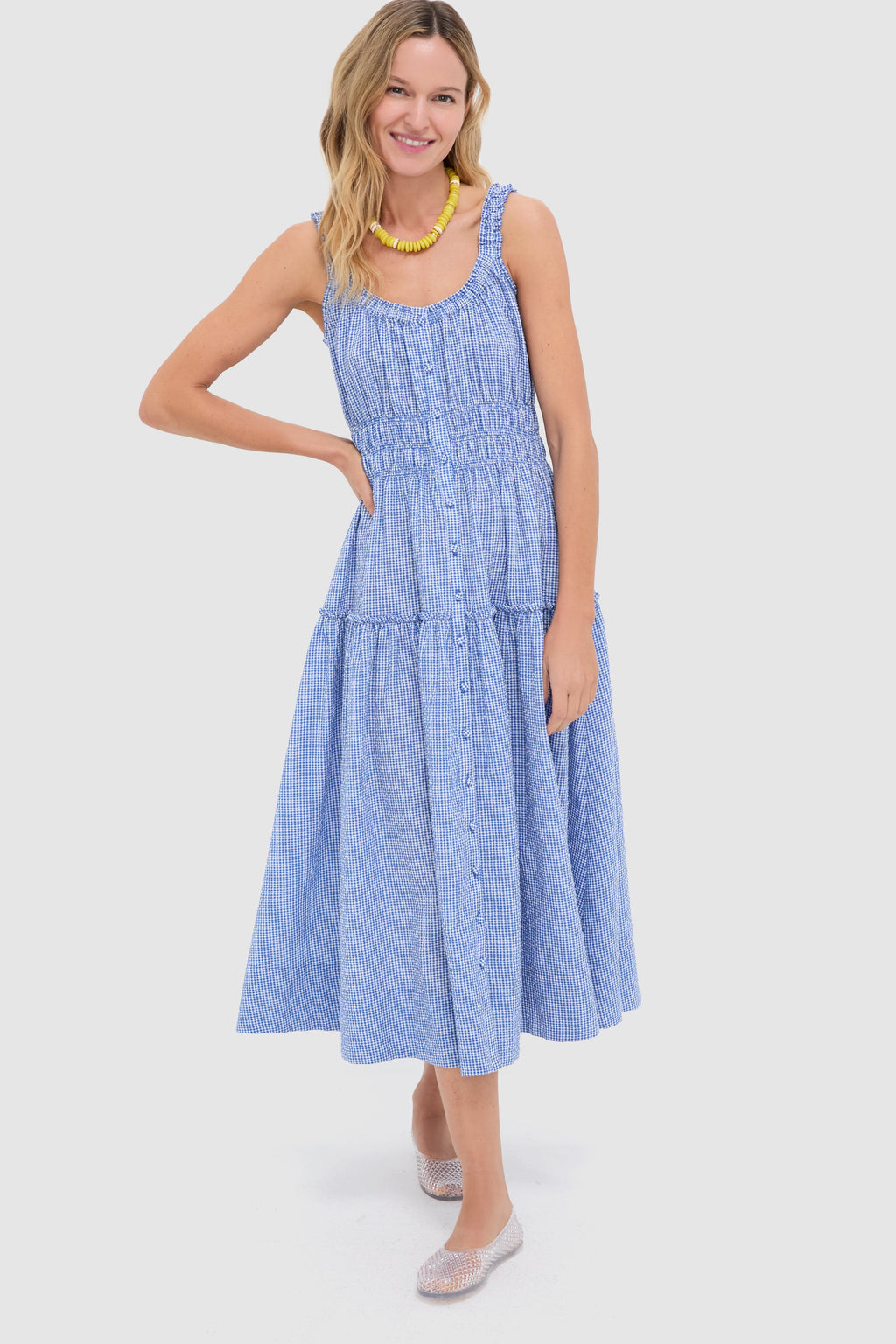 Blue and White Gingham Seersucker Landis Maxi Dress