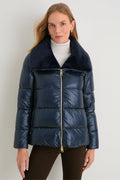 Blue Navy Nylon Ultralight Short Jacket with Faux Fur Collar