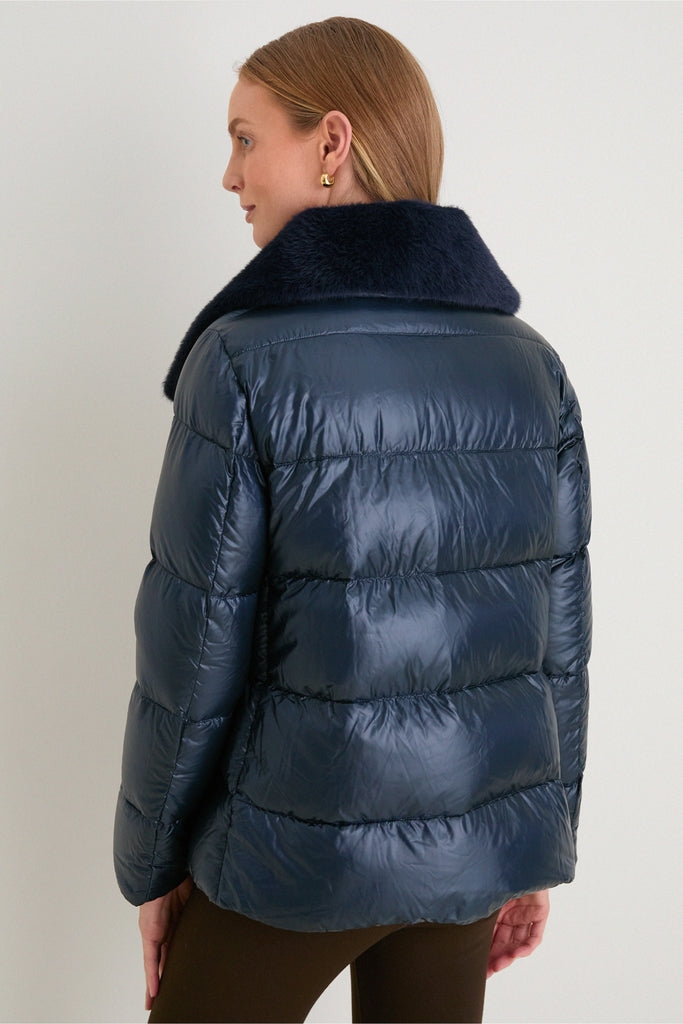 Blue Navy Nylon Ultralight Short Jacket with Faux Fur Collar