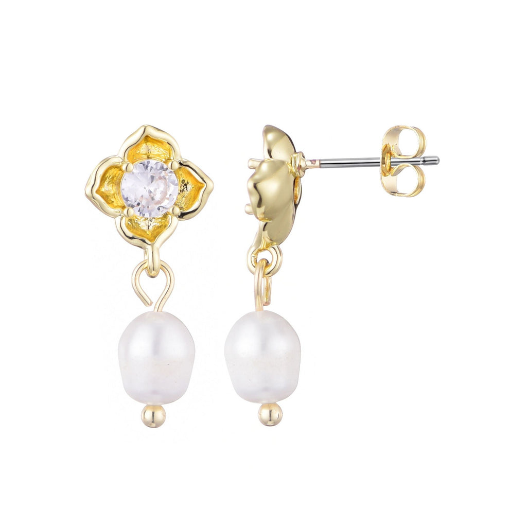 14k Gold Plated Freshwater Pearl Crystal Flower Earrings