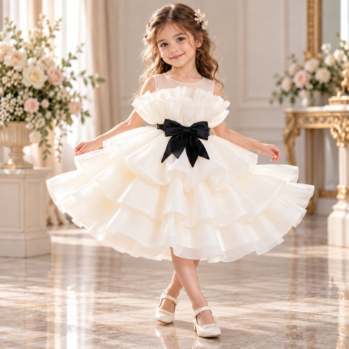 Champagne White Sleeveless Flower Girl Dress