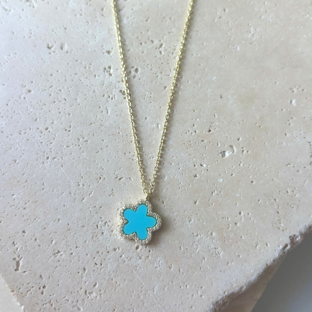 14k Gold Plated Turquoise CZ Halo 5-Leaf Clover Necklace