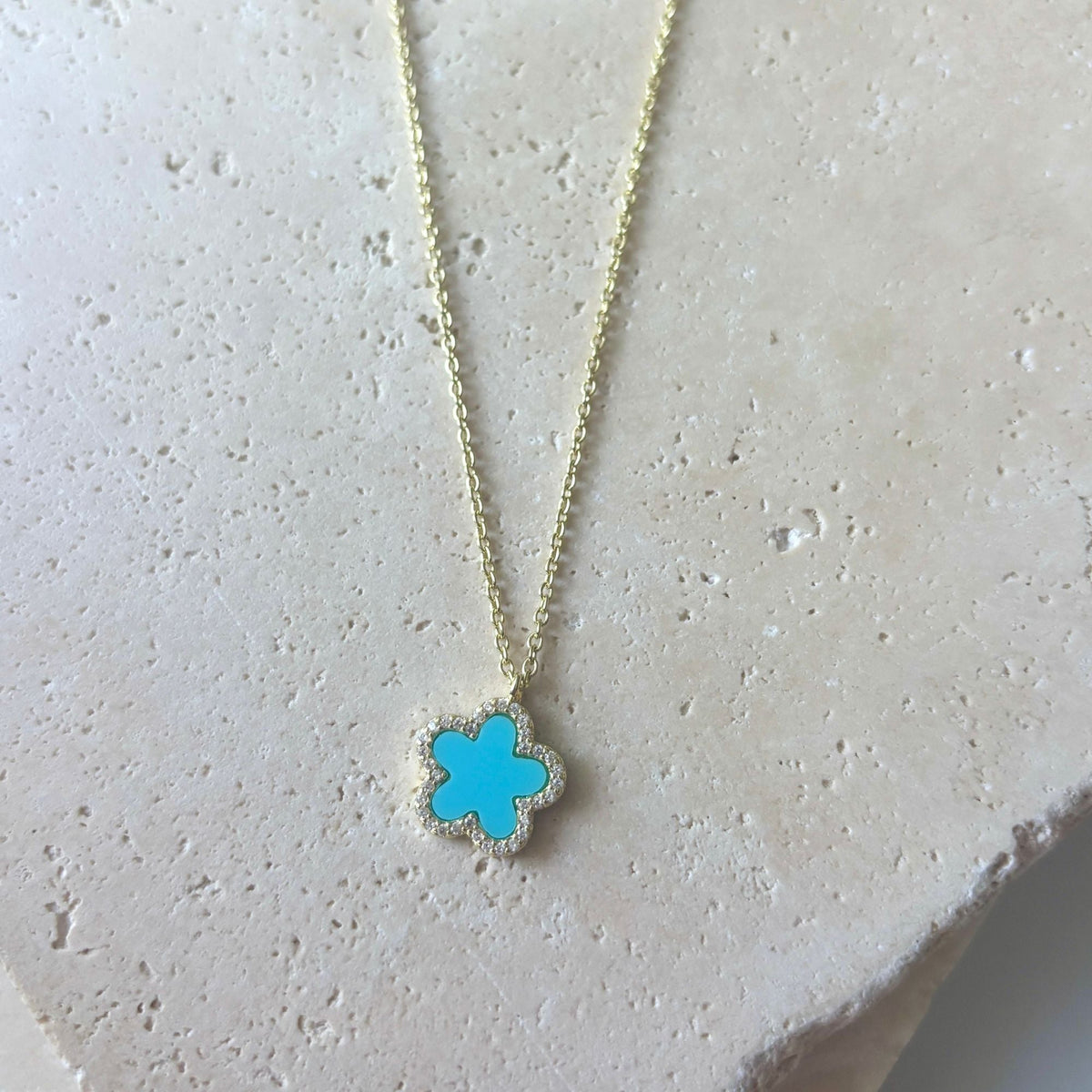 14k Gold Plated Turquoise CZ Halo 5-Leaf Clover Necklace