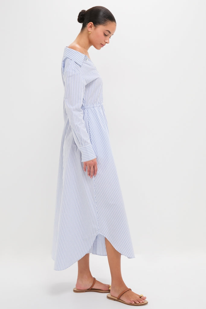 Blue Stripe Falling off the Shoulder Midi Dress