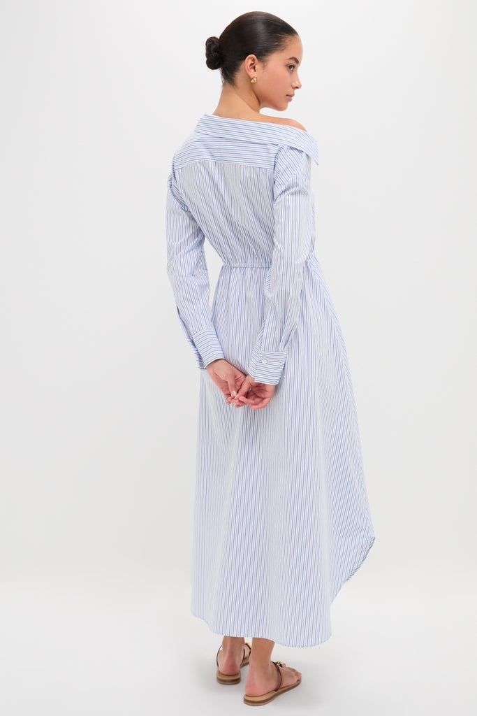 Blue Stripe Falling off the Shoulder Midi Dress