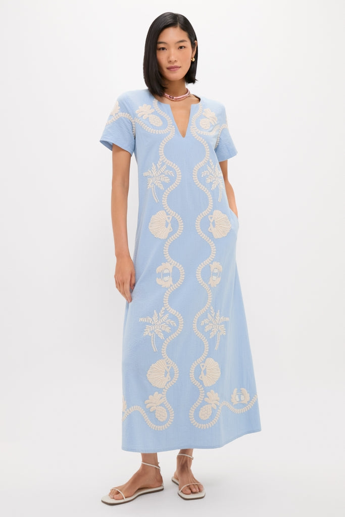 Blue Seersucker Embroidered James Dress