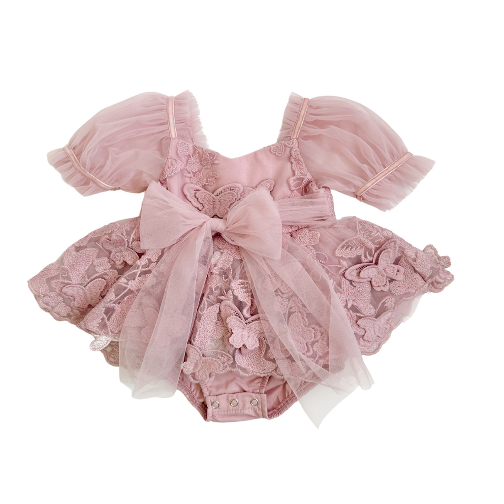 Butterfly Kisses Dusty Rose Pink Embroidered Baby Girl Party Romper