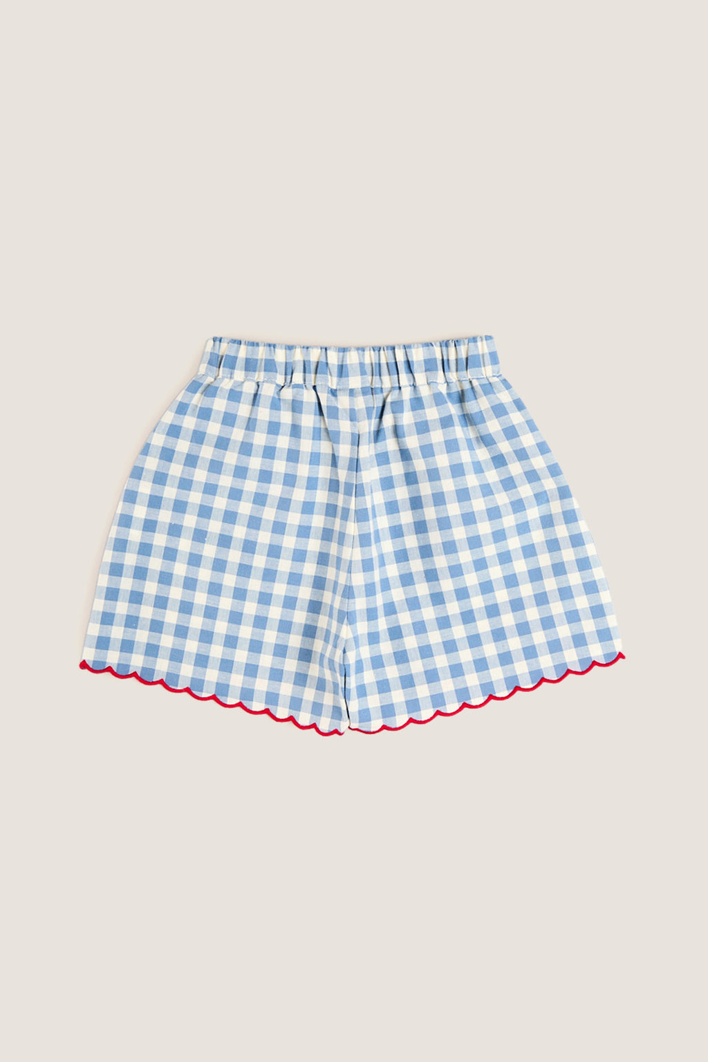 Blue Gingham Shorts with Red Trim
