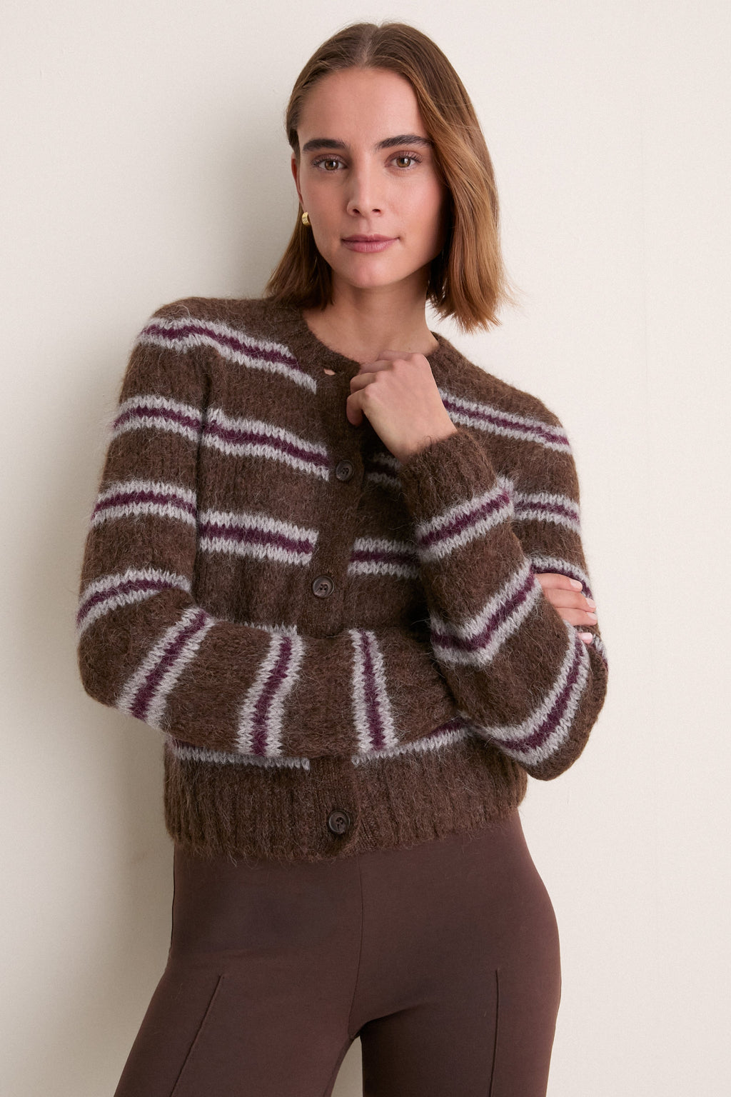 Bordeaux Stripe Timber Crewneck Cardigan