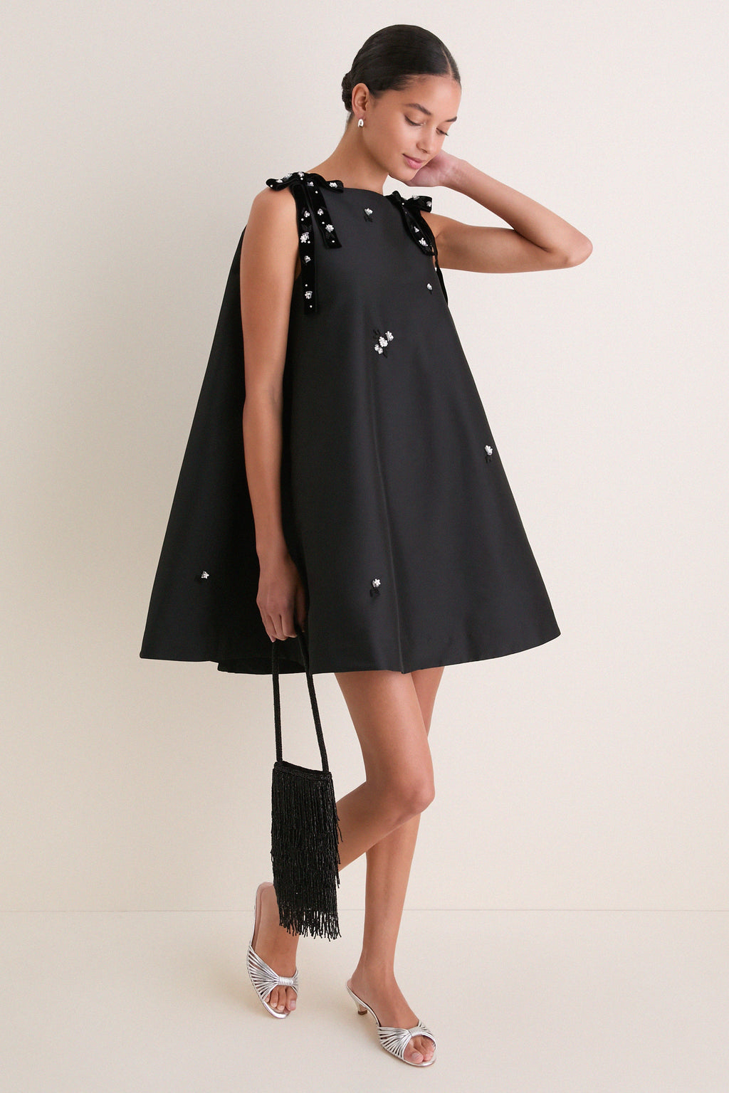 Black Multi Bow Embroidered Melody Mini Dress