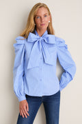 Blue, White, and Red Micro Stripe Long Sleeve French Bow Shirt