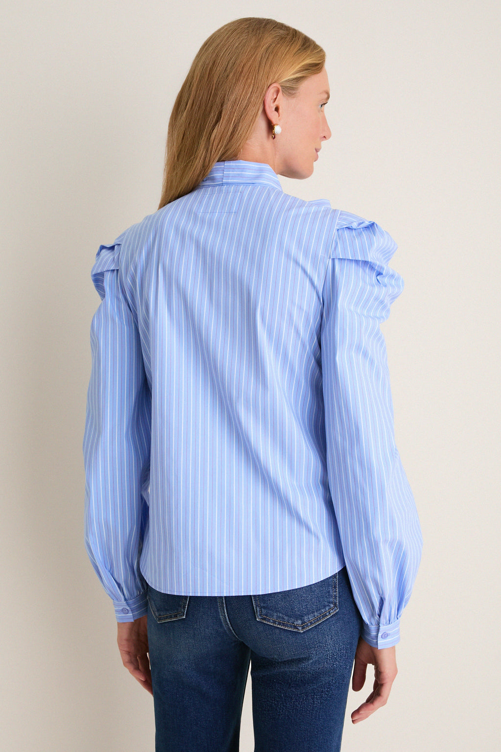 Blue, White, and Red Micro Stripe Long Sleeve French Bow Shirt