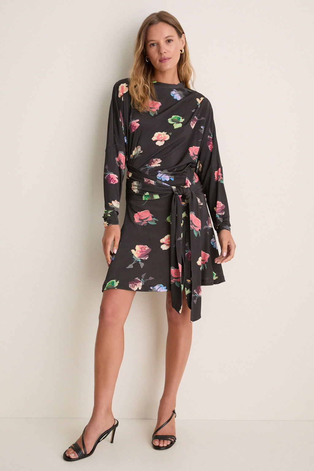 Black Sand Printed Shiny Jersey Draped Mini Dress