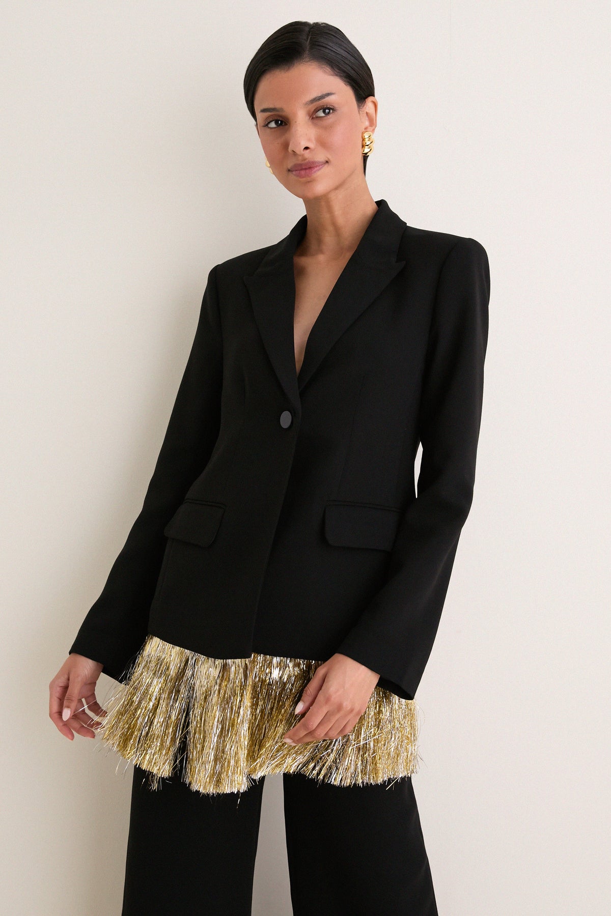 Black Odette Crepe Fringe Blazer