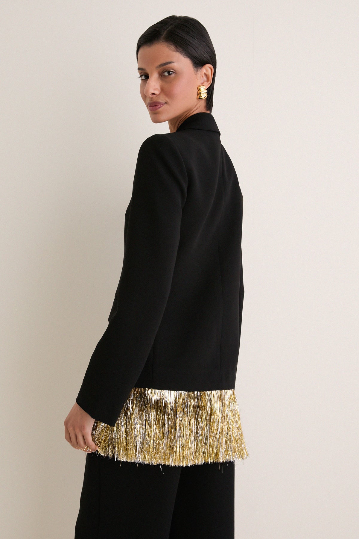 Black Odette Crepe Fringe Blazer