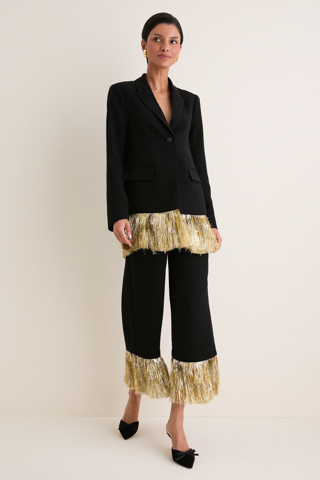 Black Odette Crepe Fringe Blazer