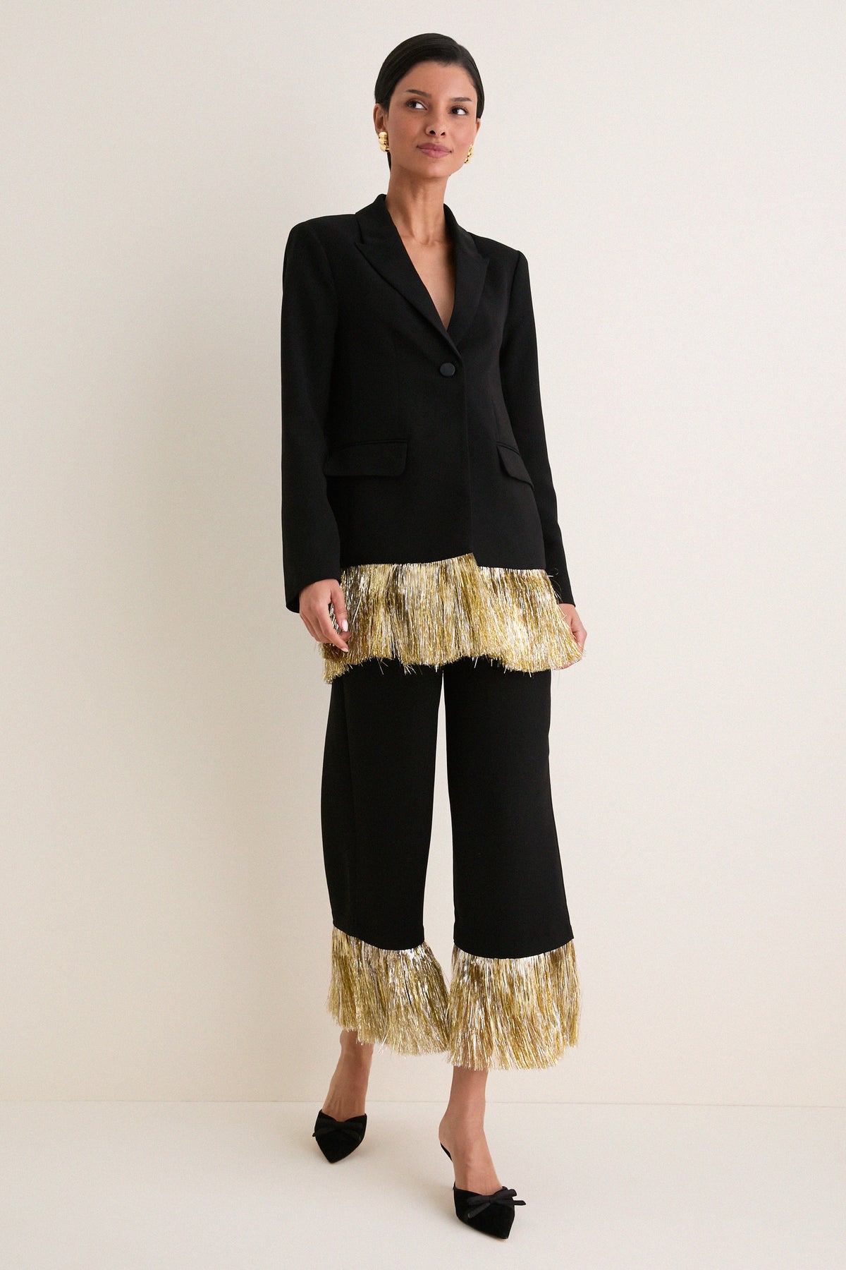 Black Odette Crepe Fringe Blazer