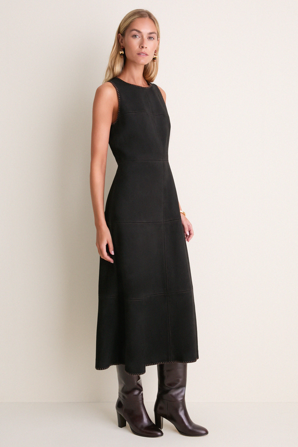 Black Suede Whipstitch Manon Dress