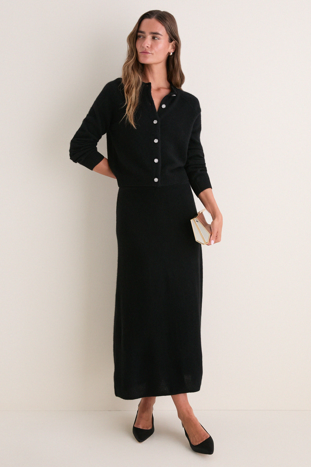 Black Cashmere Embellished Button Lillian Cardigan