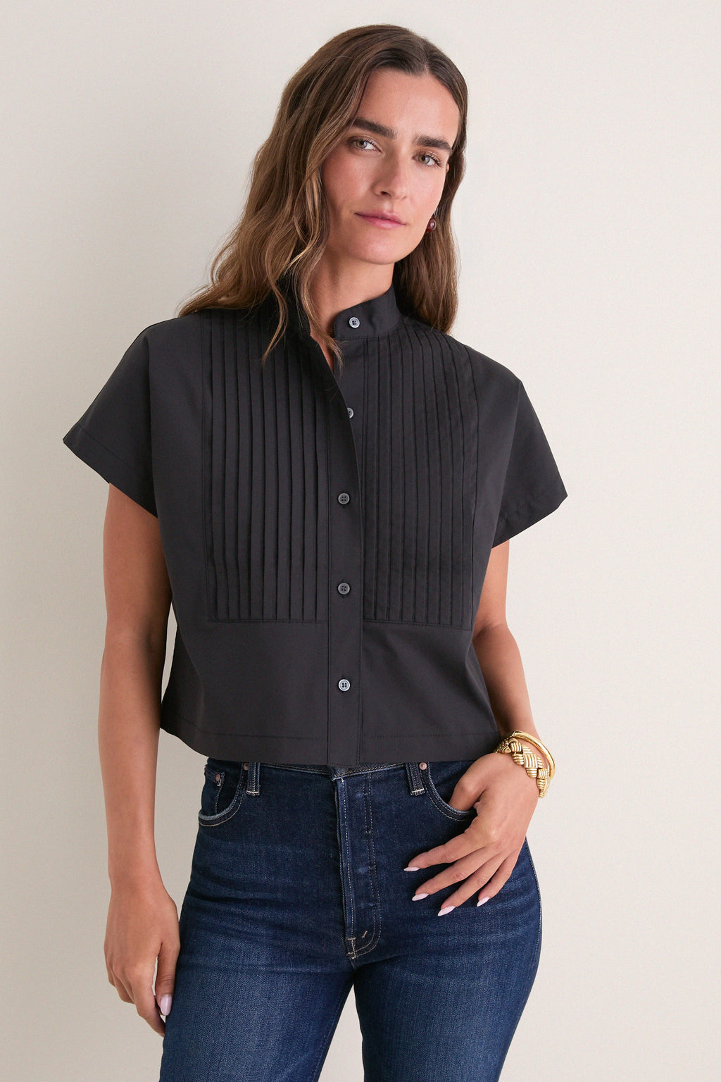Black Cotton Poplin Pintuck Avery Shirt