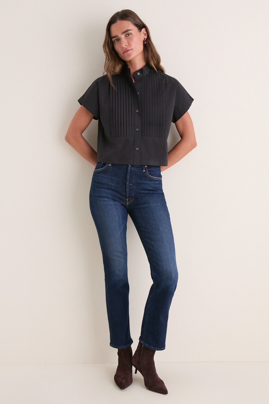 Black Cotton Poplin Pintuck Avery Shirt