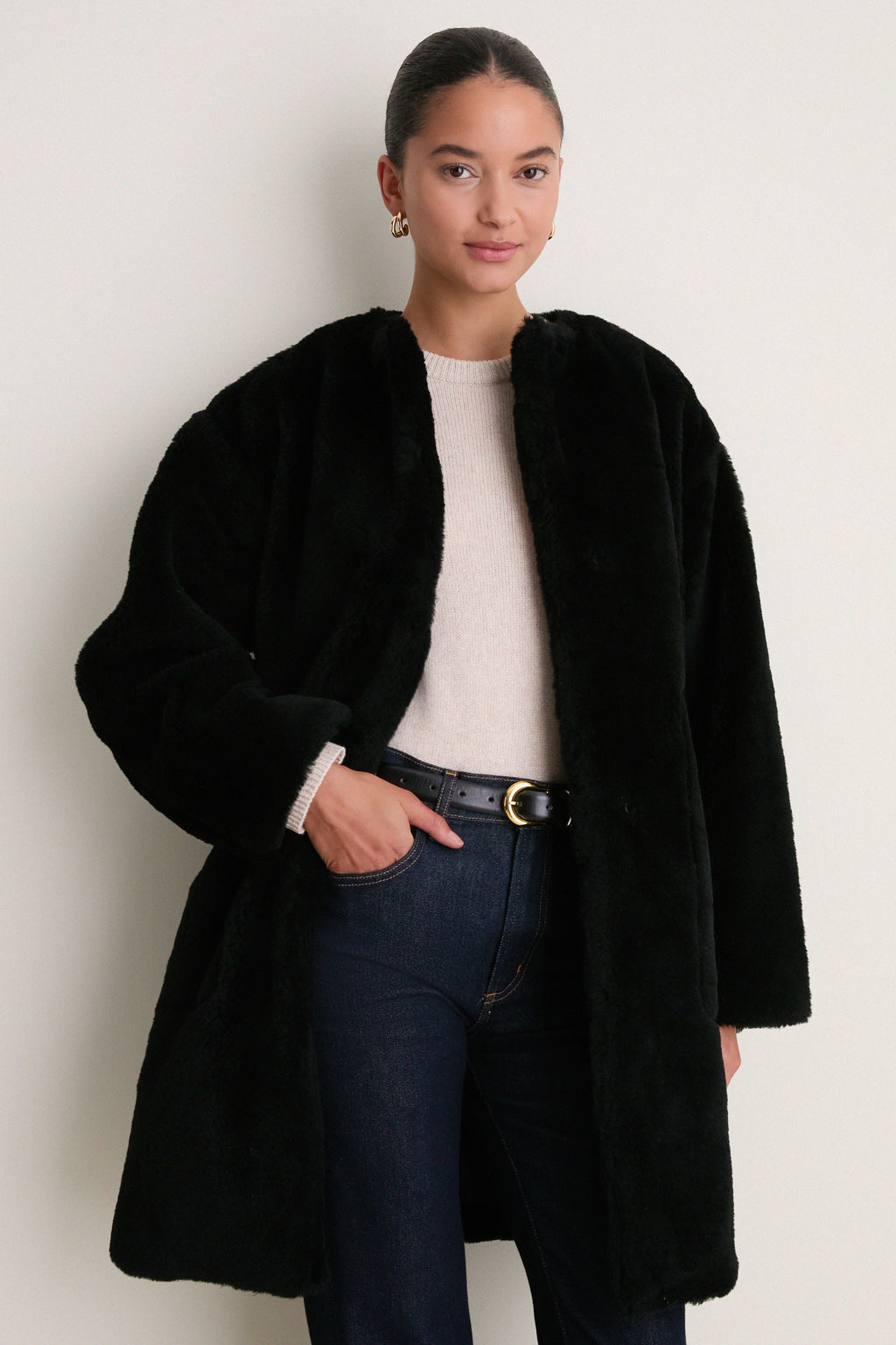 Black Martina Long Sherpa Coat