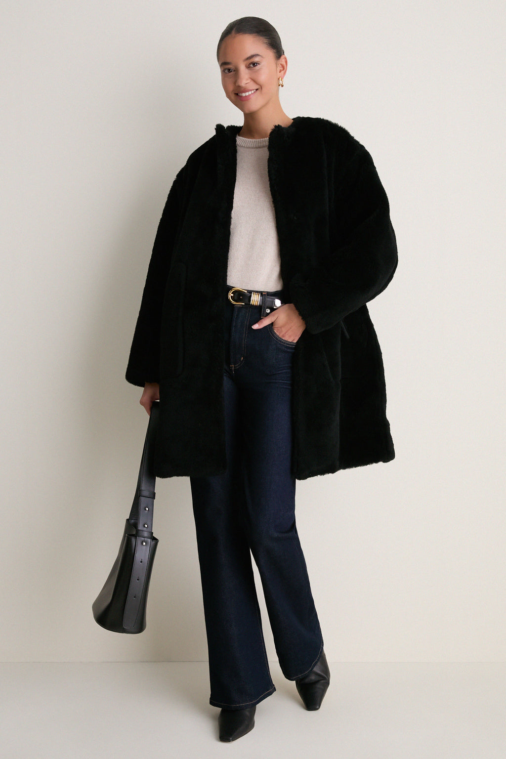 Black Martina Long Sherpa Coat