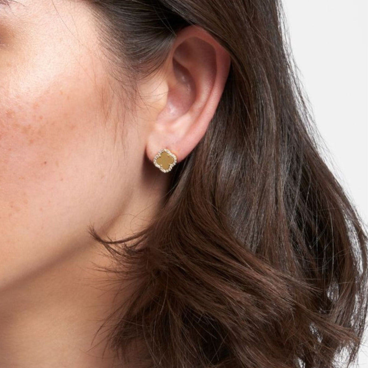 14k Gold Plated Crystal Halo Matte Center Clover Earrings