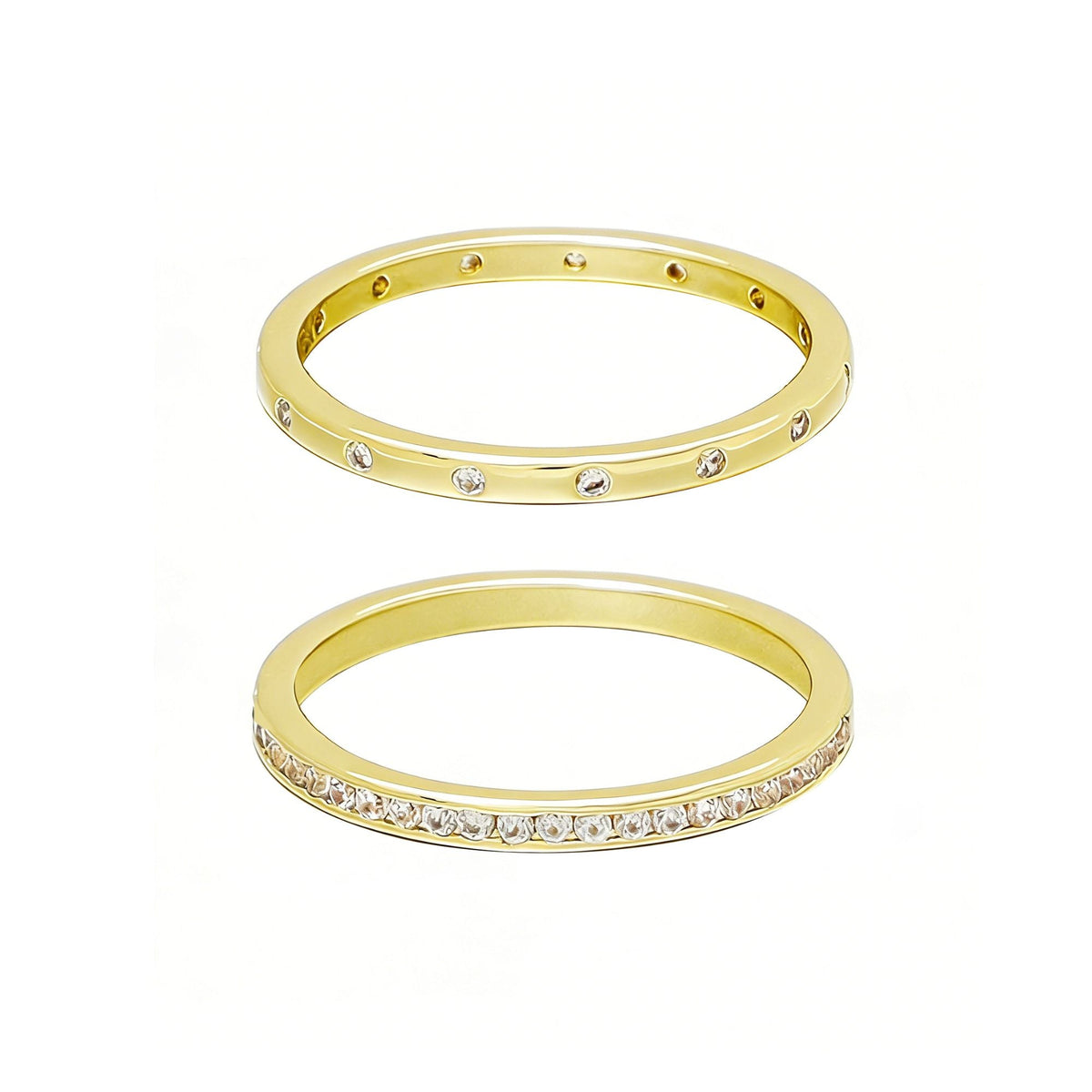 14k Gold Plated 1/2 Eternity and Dotted Band Set of 2 Rings