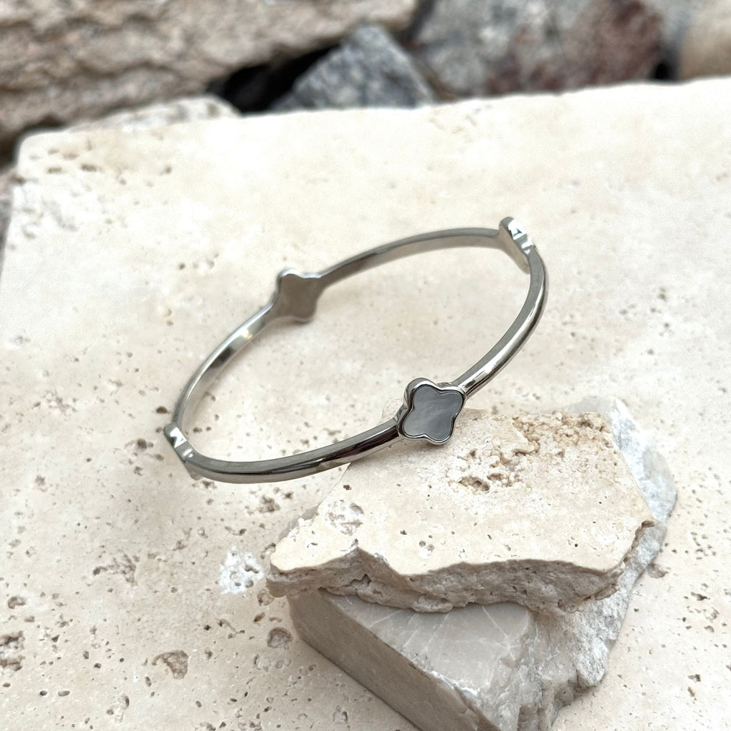 Silver Plated Mother of Pearl Clover Bangle