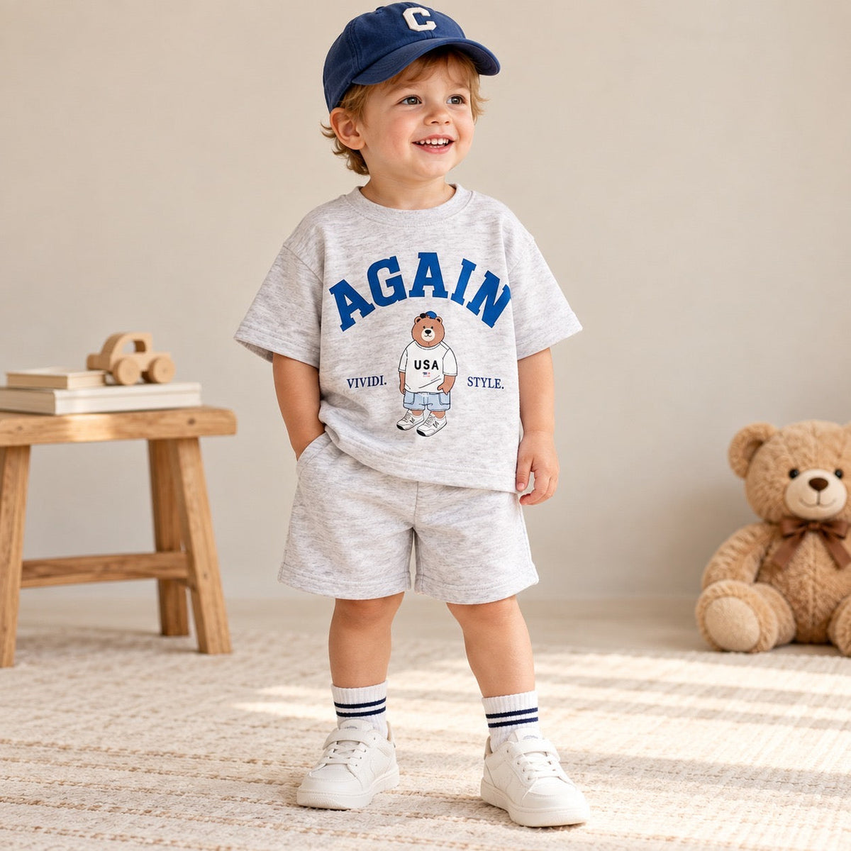 AGAIN Bear Unisex T-Shirt and Shorts Sets